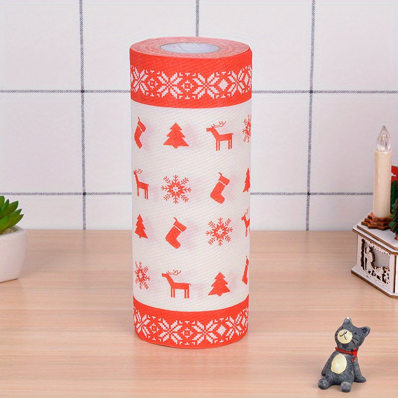 2pcs Reusable Kitchen And Bathroom Towels, Christmas Kitchen Paper Printing Rolls, Single Kitchen Cleaning, Wet Dry Household Thick Oil Absorbing Paper
