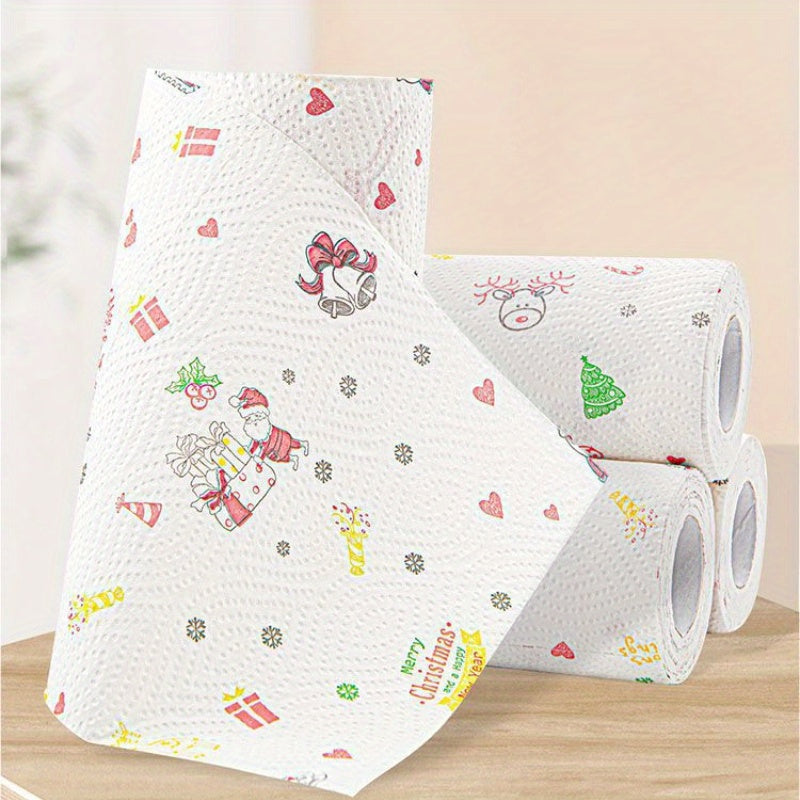 2pcs Reusable Kitchen And Bathroom Towels, Christmas Kitchen Paper Printing Rolls, Single Kitchen Cleaning, Wet Dry Household Thick Oil Absorbing Paper