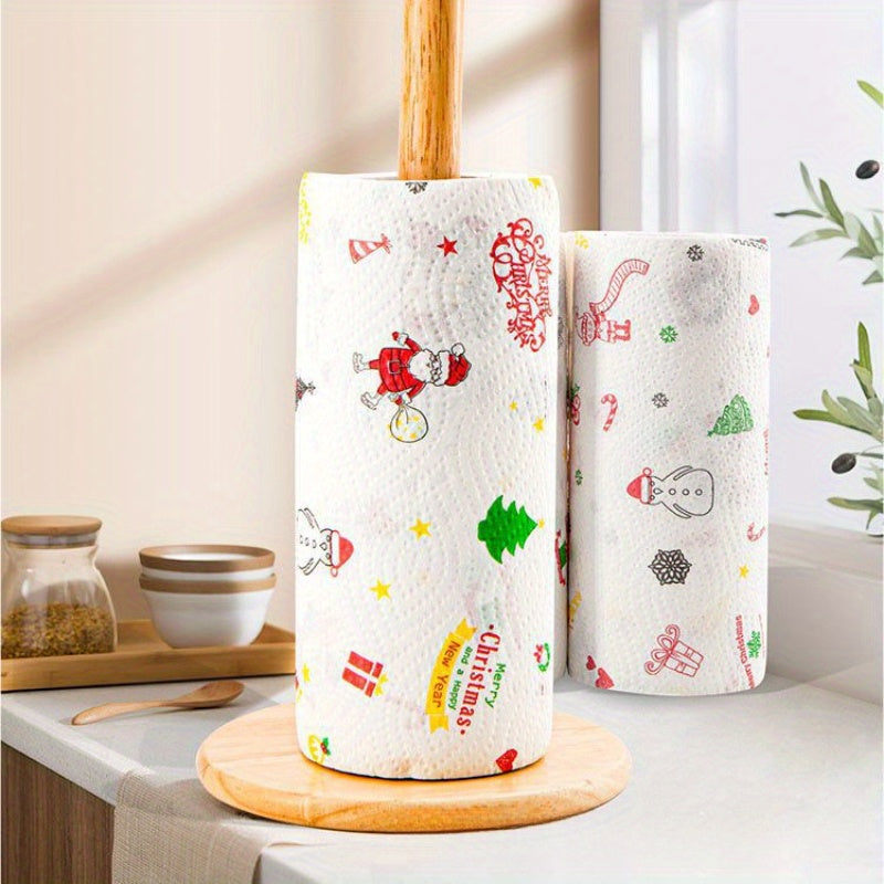 2pcs Reusable Kitchen And Bathroom Towels, Christmas Kitchen Paper Printing Rolls, Single Kitchen Cleaning, Wet Dry Household Thick Oil Absorbing Paper