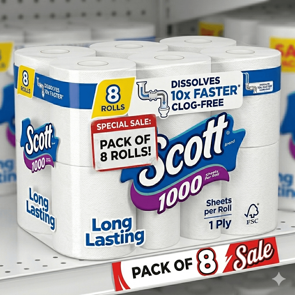 Pack of 8 Scott 1000 Toilet Paper, 12 Rolls, 1,000 Sheets per Roll