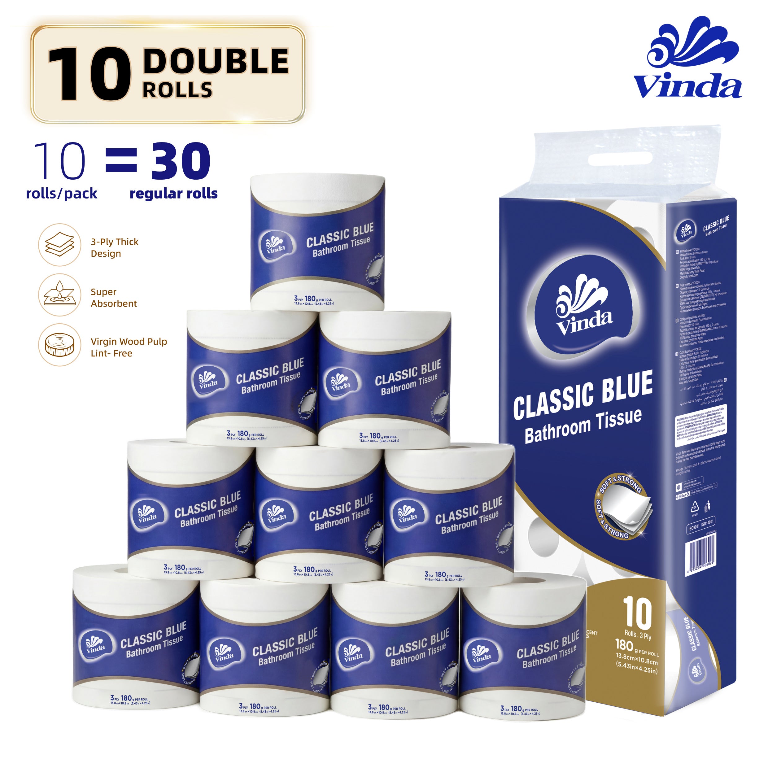 Vinda Classic Blue 3-Ply Bathroom Tissue, 100% Virgin Wood Pulp Toilet Paper, Soft & Strong, No Lint Shedding, Septic Safe, 180g\u002FRoll, 10 Rolls Pack