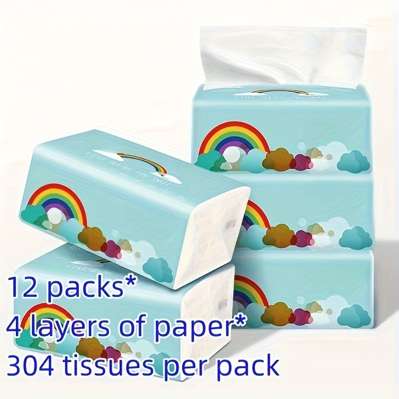 12 Packs, Total 3648 Sheets, Wood Pulp 4-layer Tissue Paper, Suitable for Home, Restaurant, Hotel, Travel, And Car Use, Facial Tissues, Soft Skin- Friendly Toilet Paper, Cleaning Supplies, Household Gadgets, Christmas Supplies