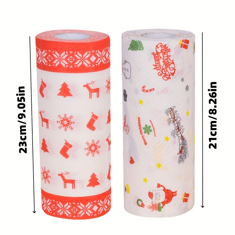 2pcs Reusable Kitchen And Bathroom Towels, Christmas Kitchen Paper Printing Rolls, Single Kitchen Cleaning, Wet Dry Household Thick Oil Absorbing Paper