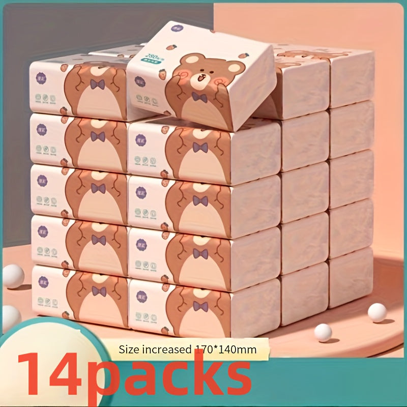 14pcs Premium 4-Ply Tissues - Ultra Soft & Absorbent, 280 Sheets per Pack, Cartoon Bear Design with Bow Ties, Ideal for Home, Office, Dorms, and Hygiene Needs