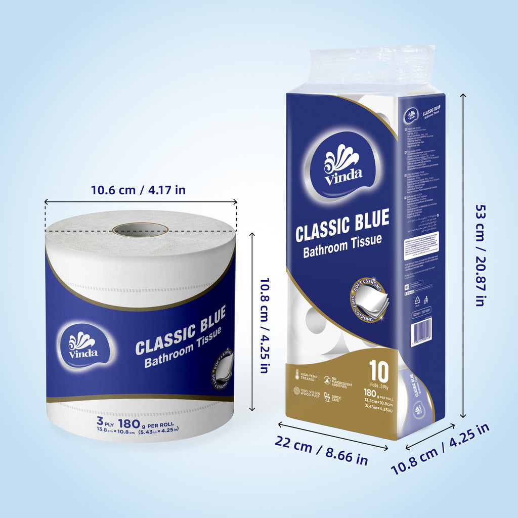 Vinda Classic Blue 3-Ply Bathroom Tissue 30 ROLLS, 100% Virgin Wood Pulp Toilet Paper, Soft & Strong, No Lint Shedding, Septic Safe, 180g\u002FRoll