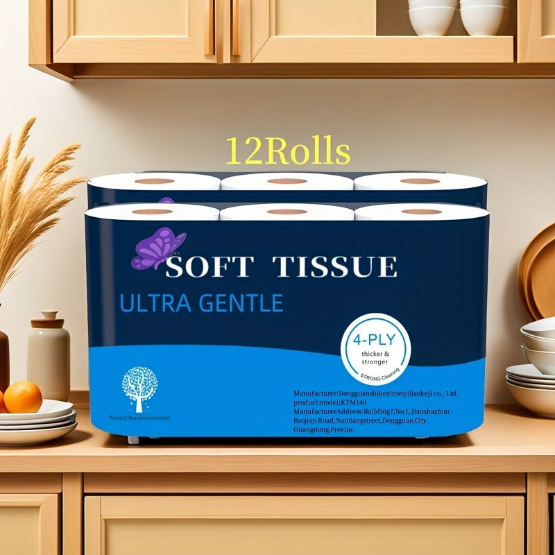 12 Rolls Family Pack Toilet Paper, 4-Ply Thickened Toilet Paper Cored Roll Paper, 250 Sheets\u002FRoll. Super Soft, Strong Water Absorption, Lint-Free And Not Easy to Break. Suitable for Hotels, Living Rooms, Kitchens