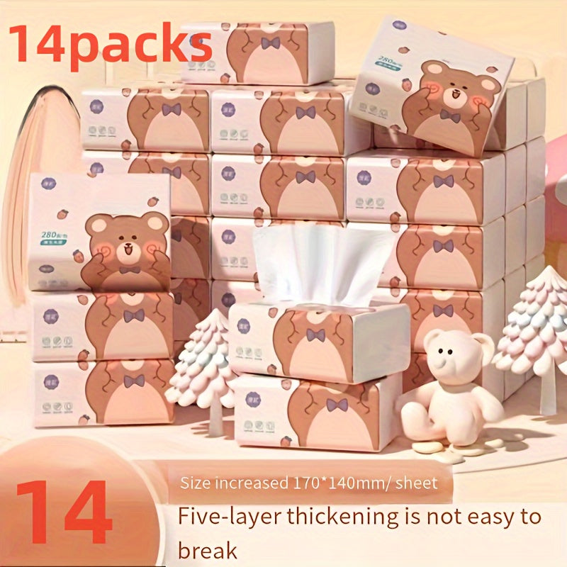 14pcs Premium 4-Ply Tissues - Ultra Soft & Absorbent, 280 Sheets per Pack, Cartoon Bear Design with Bow Ties, Ideal for Home, Office, Dorms, and Hygiene Needs