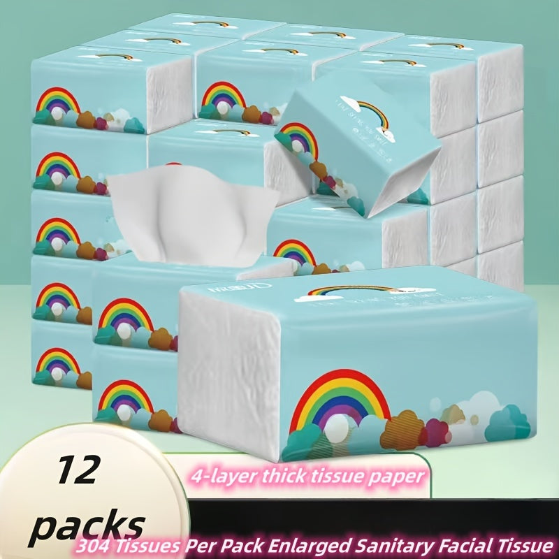 12 Packs, Total 3648 Sheets, Wood Pulp 4-layer Tissue Paper, Suitable for Home, Restaurant, Hotel, Travel, And Car Use, Facial Tissues, Soft Skin- Friendly Toilet Paper, Cleaning Supplies, Household Gadgets, Christmas Supplies
