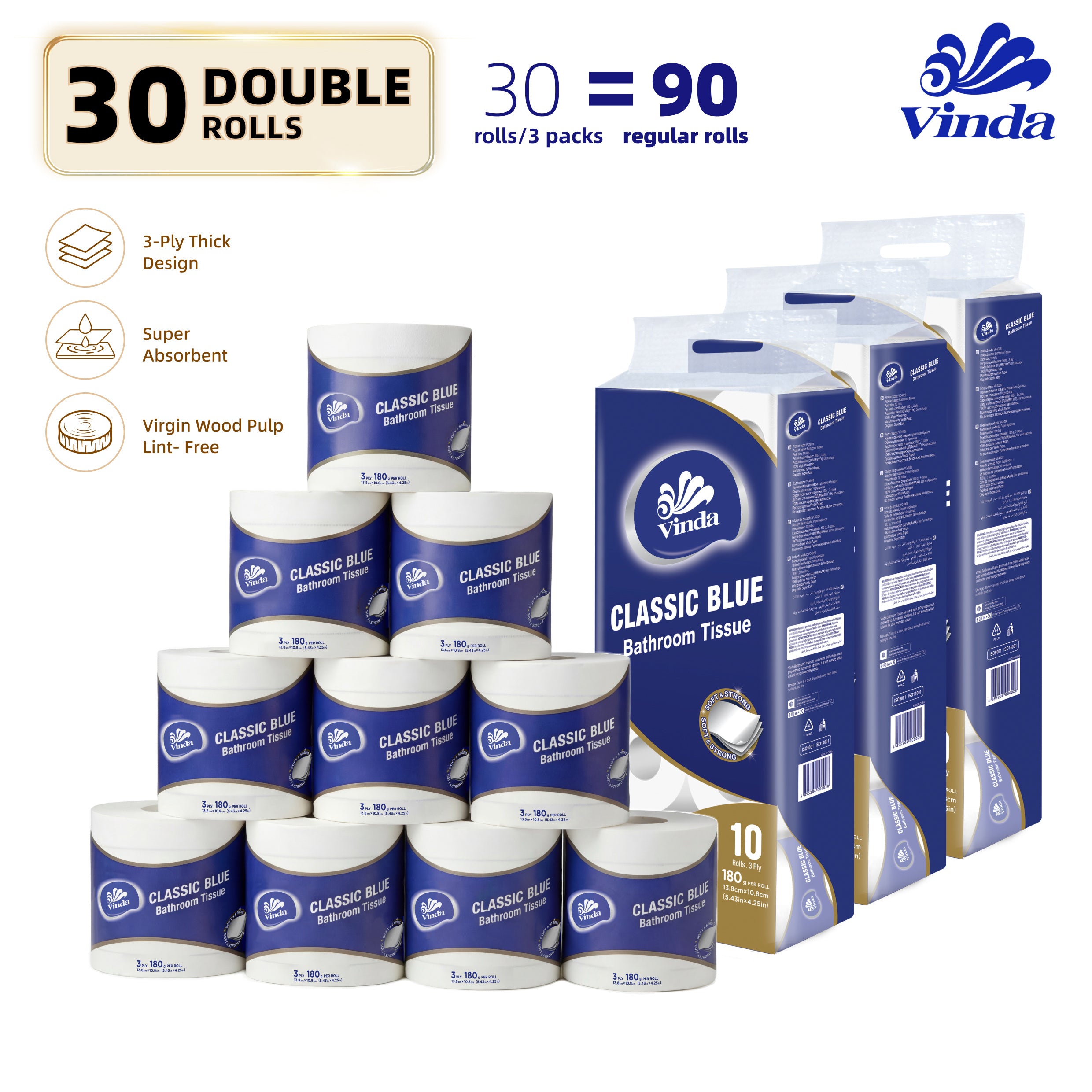 Vinda Classic Blue 3-Ply Bathroom Tissue 30 ROLLS, 100% Virgin Wood Pulp Toilet Paper, Soft & Strong, No Lint Shedding, Septic Safe, 180g\u002FRoll