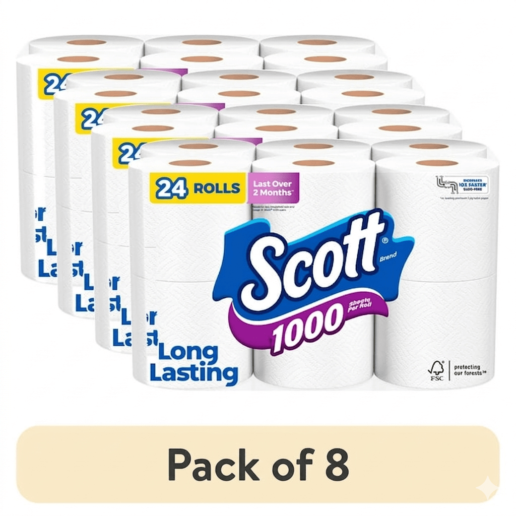 Pack of 8 Scott 1000 Toilet Paper, 12 Rolls, 1,000 Sheets per Roll